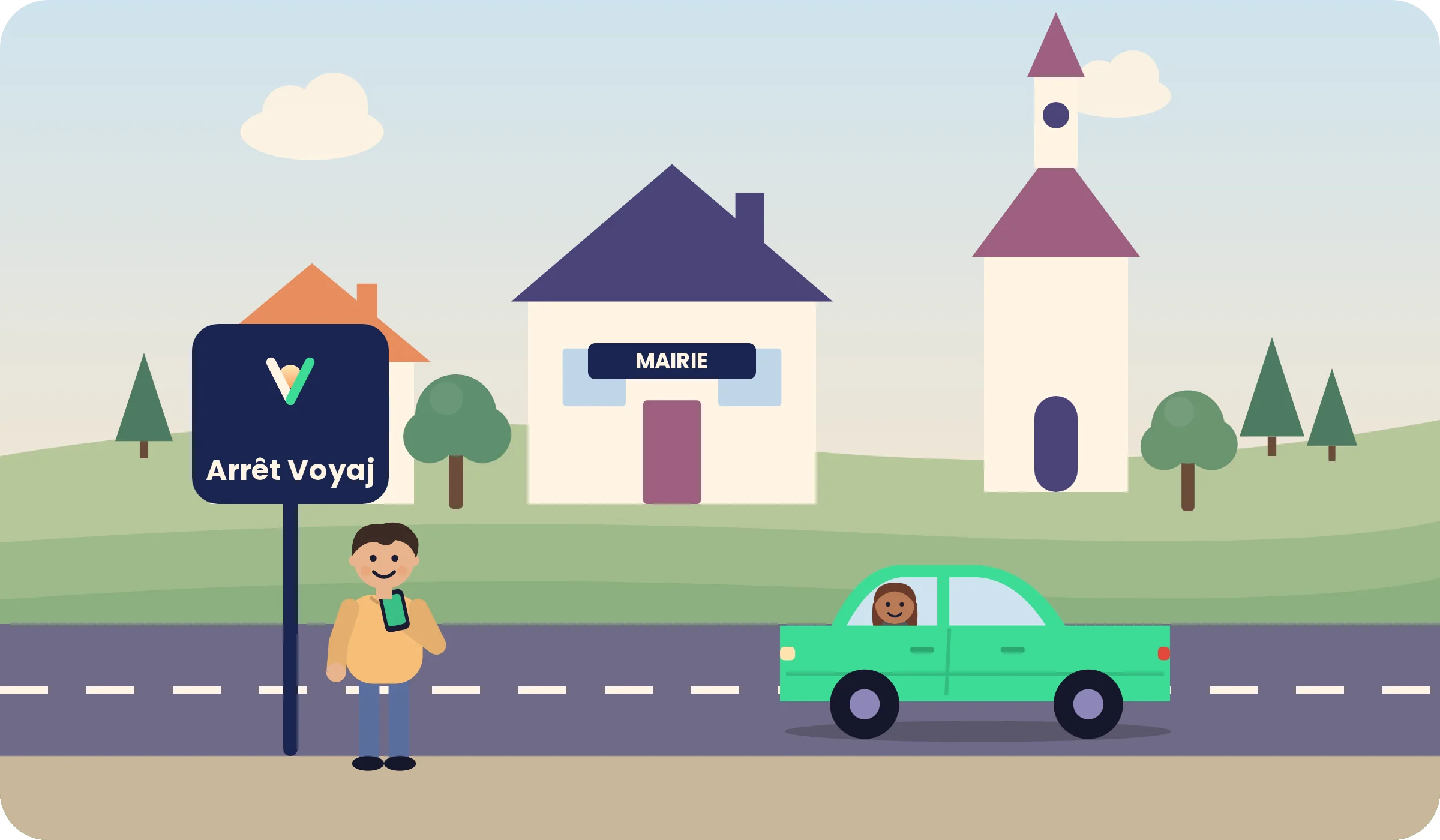 Une place de village avec la mairie, l'église et un panneau Arrêt Voyaj où Jo attend pendant qu'une voiture arrive.