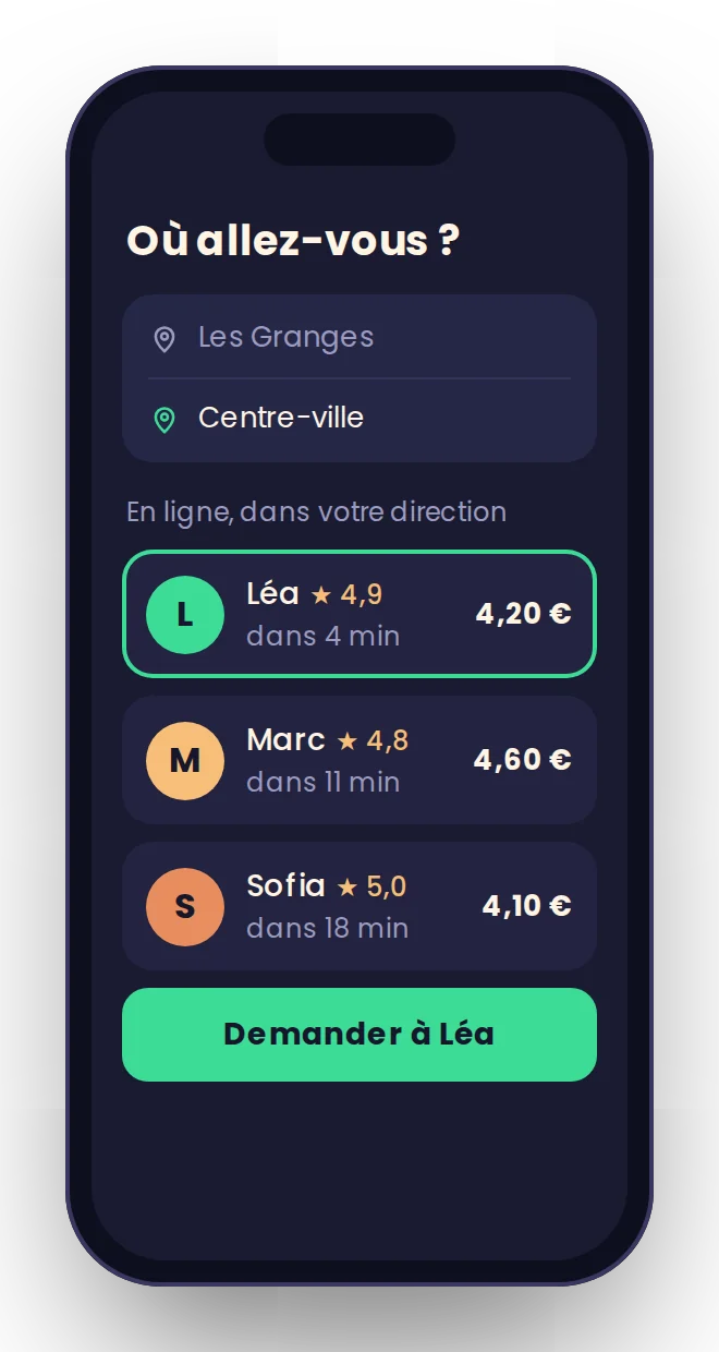 Écran Voyaj listant les conducteurs disponibles dans votre direction.