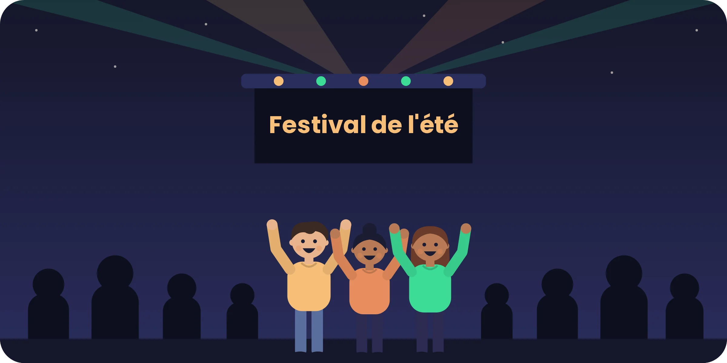 Jo et deux amis, les bras levés devant la scène du festival de l'été.